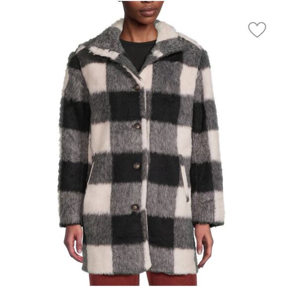 Marine Layer Button Up Wool Blend Peacoat Size Medium Gingham Plaid Coat Sherpa - Picture 1 of 5